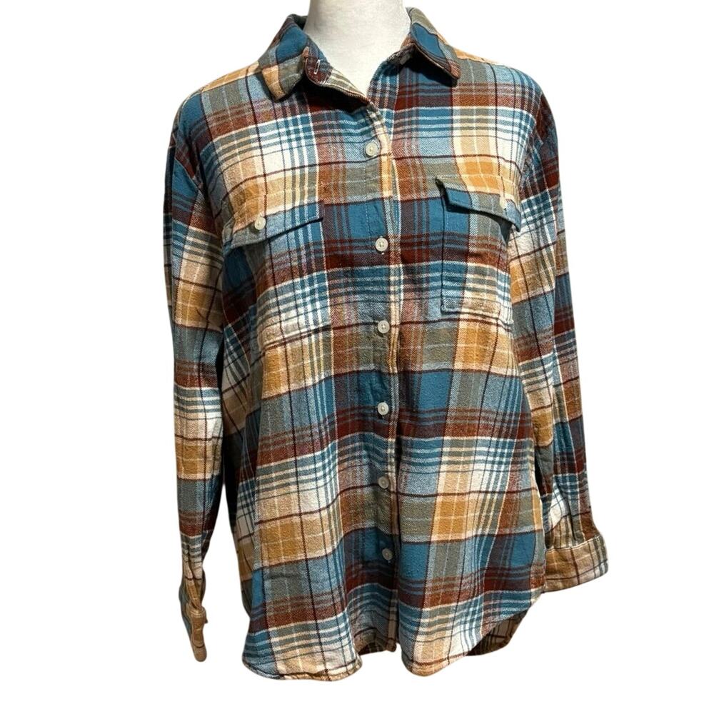 Old Navy Size S Boyfriend Button Up Shirt Plaid Flannel Gorpcore Blue Brown
